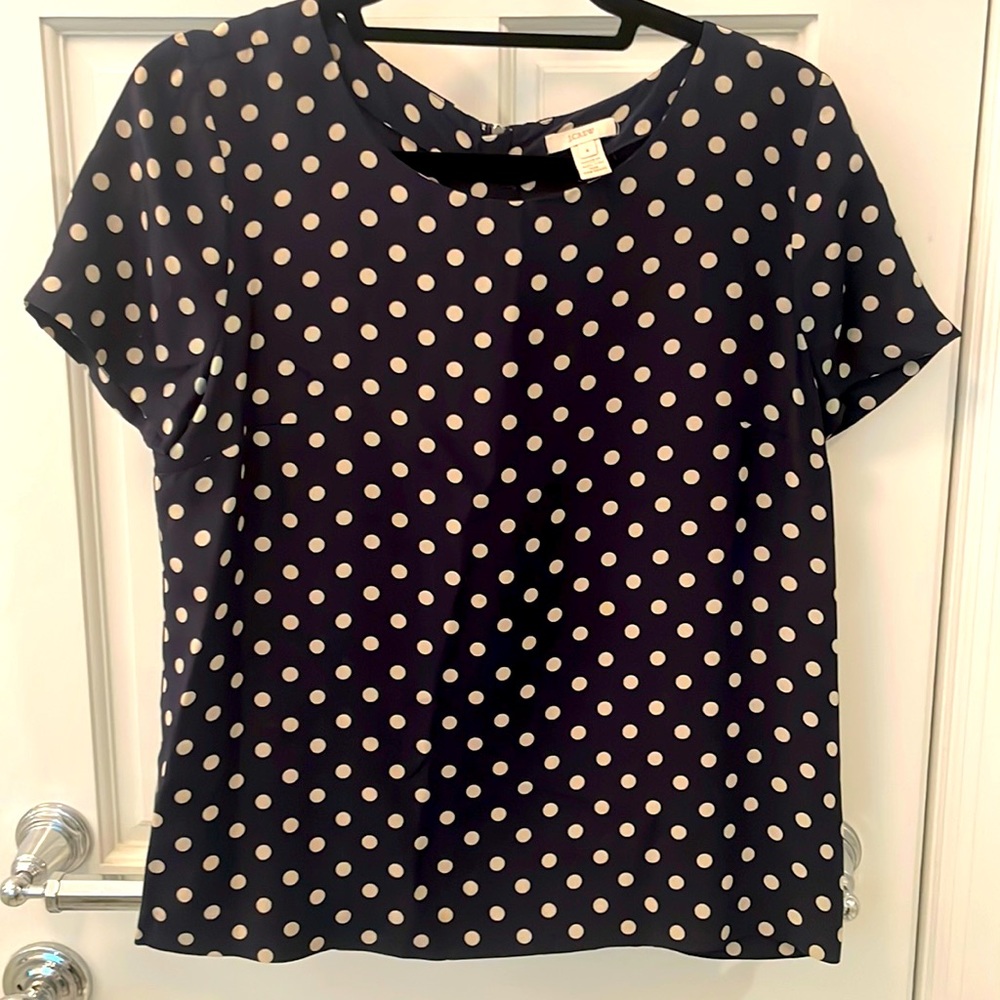 J. Crew size 4 Navy short sleeve blouse with white polka dots